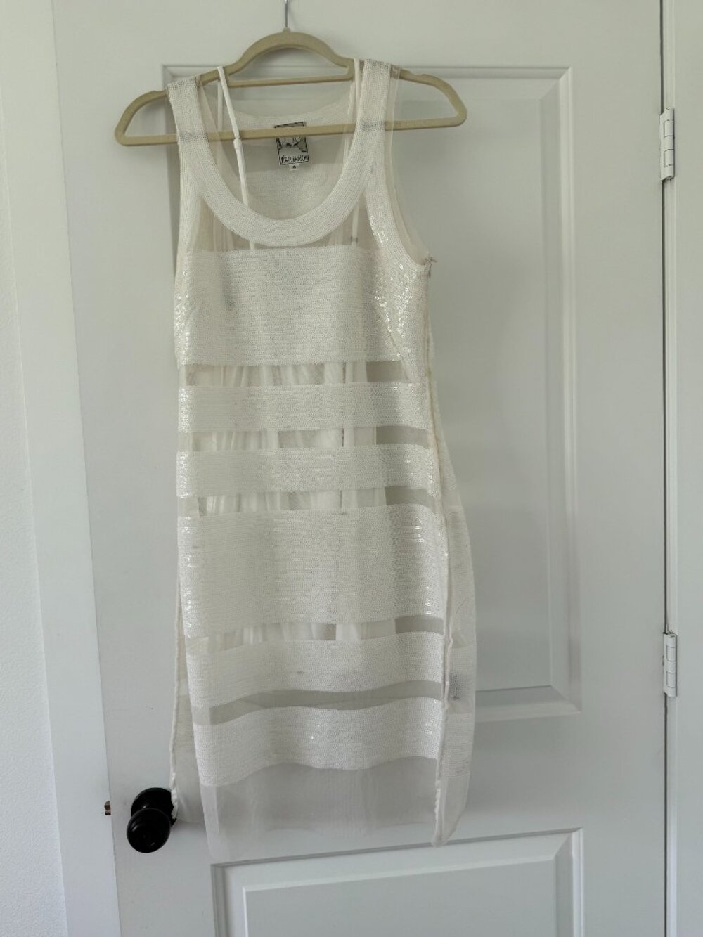 Joanna Barasch White Sequin Sheer Mesh Bodycon Cocktail Dress Size 6